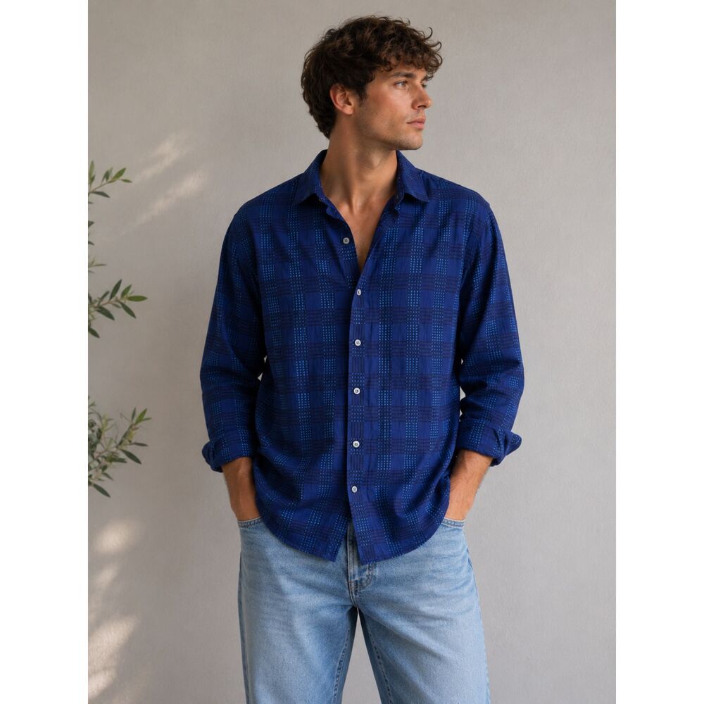 Tasso Elba Men's Blue Plaid Dress Shirt M 100% Cotton Long Sleeve Button Up